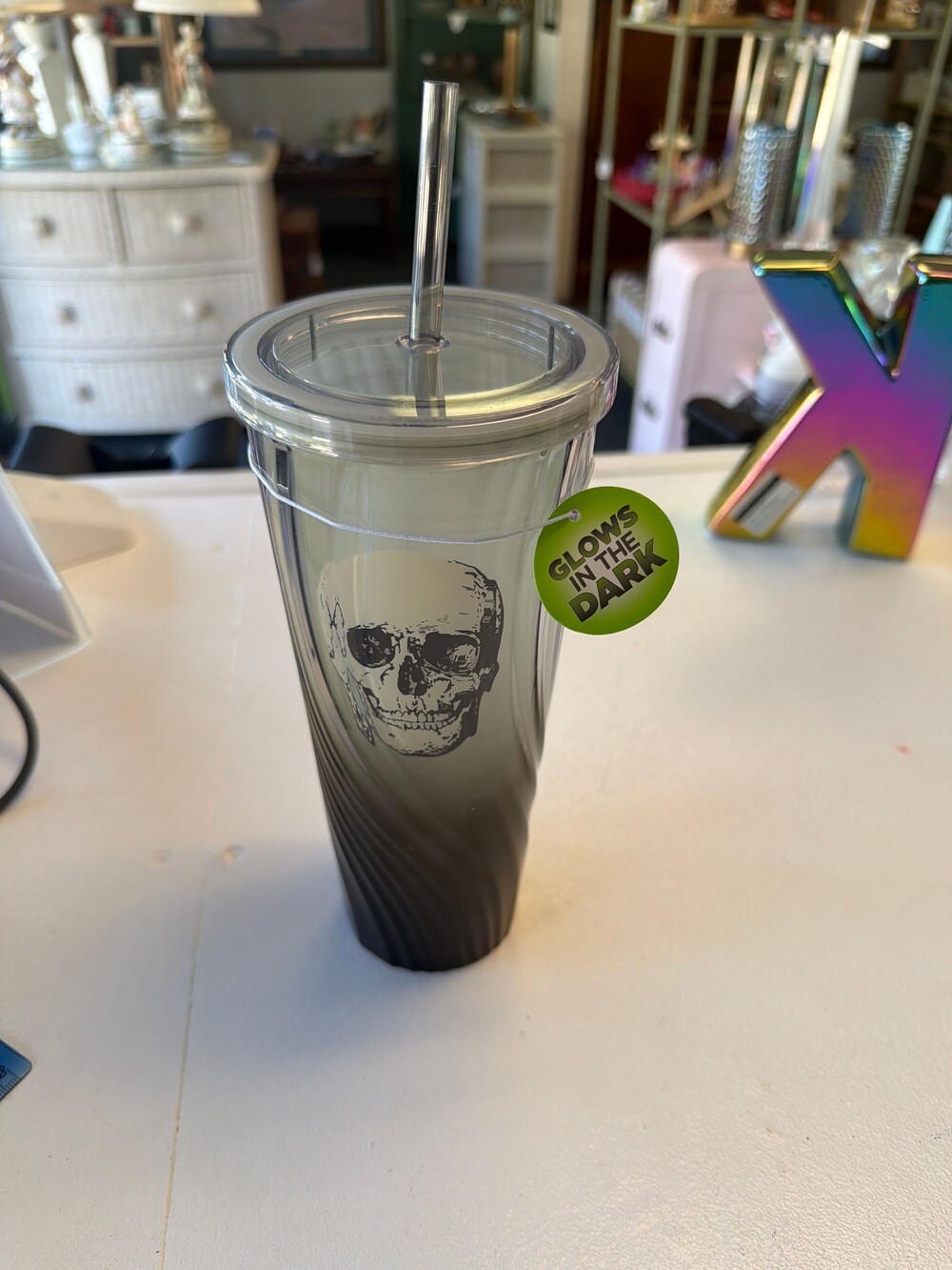 Glow in the Dark Skull Tumbler with Straw Clear Plastic Black Gradient